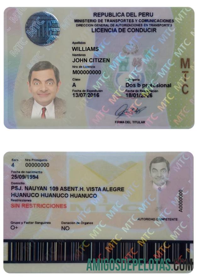 Carteira de motorista peruana exemplo real